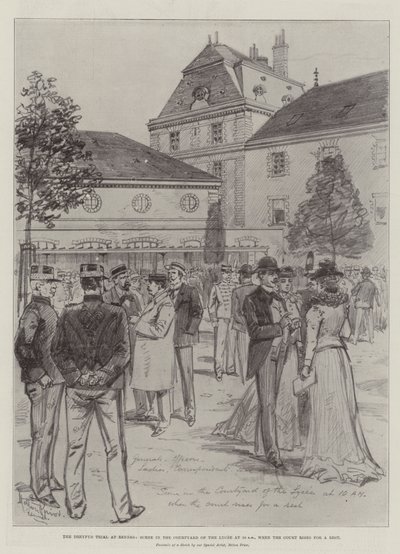 El juicio de Dreyfus en Rennes, escena en el patio del Liceo a las 10 am, cuando el tribunal se levanta para un descanso de Melton Prior